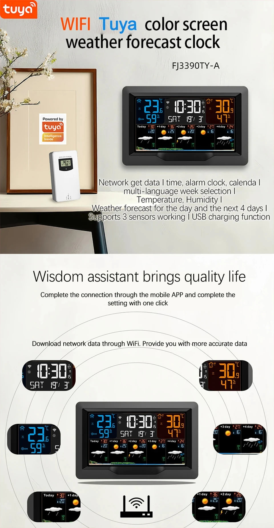 Tuya WIFI Station météo intelligente écran couleur APP contrôle météo réveil intérieur et extérieur température humidité mètre