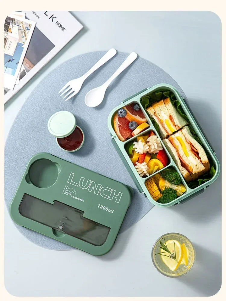 Boîte à déjeuner Portable à compartiment de 1300ML, boîte à Bento de bureau pour enfants étudiants avec fourchette et cuillère, récipient de stockage des aliments pour micro-ondes