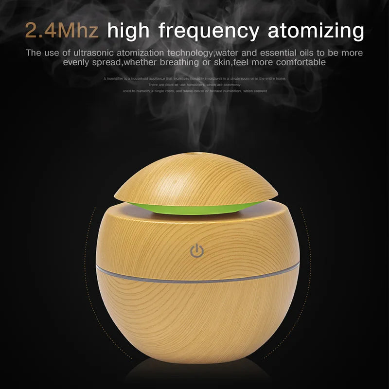 Humidificateur d'air ultrasonique USB, diffuseur d'arôme, Grain de bois, veilleuse LED, diffuseur d'huile essentielle électrique, aromathérapie pour la maison, 130ML