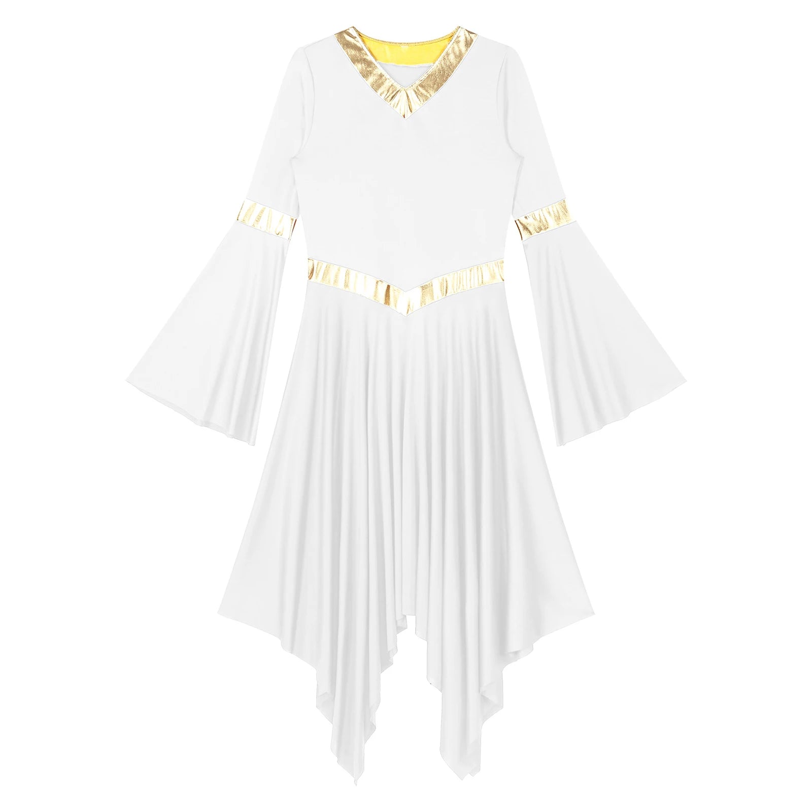 Robe de danse lyrique à manches longues pour femmes, robe à ourlet irrégulier, costume de spectacle liturgique, vêtements de danse modernes, culte de la chorale d'église