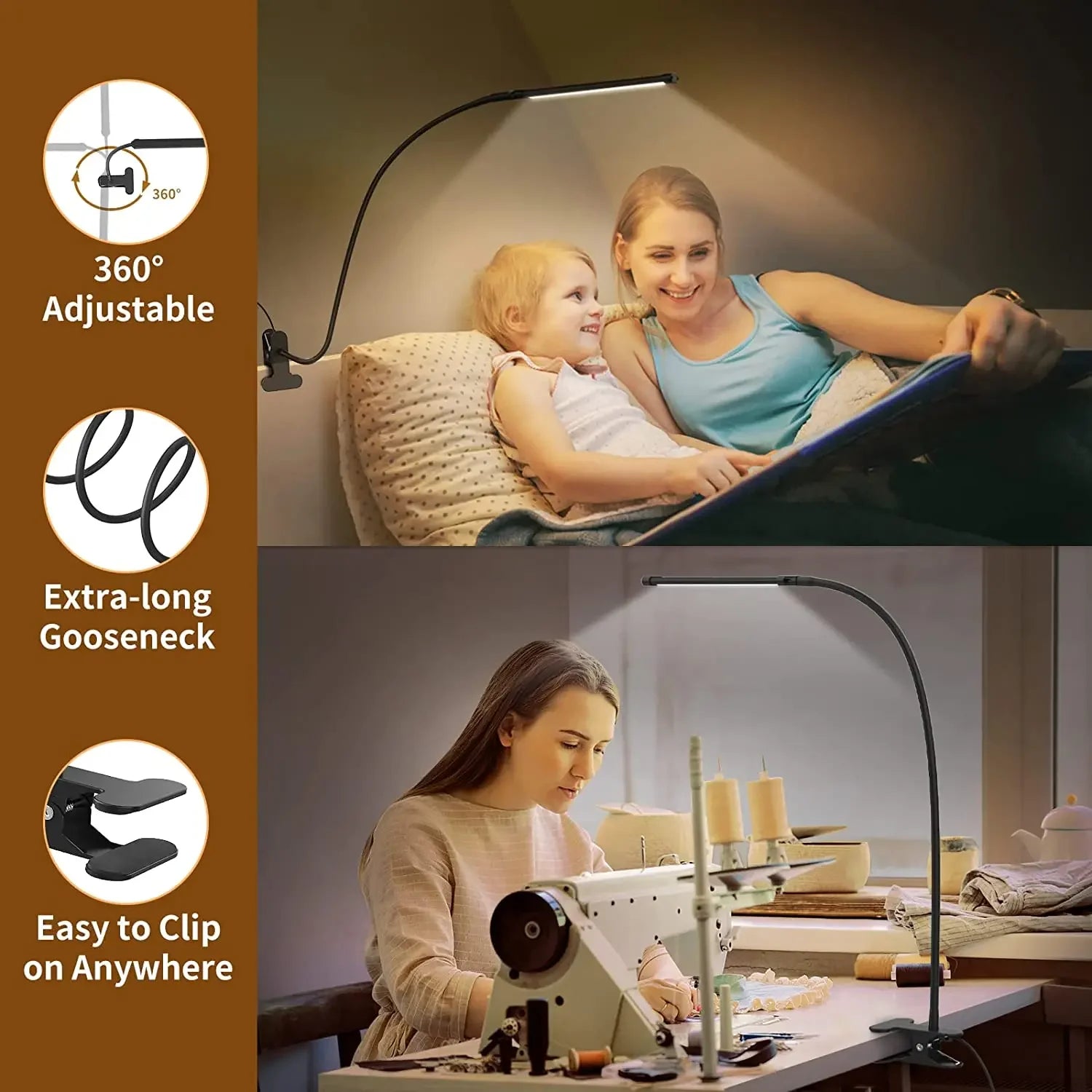 LED desk lamp with clip, dimmable reading lamp, 3 color temperatures, 10 brightness levels, USB clip-on table lamp
