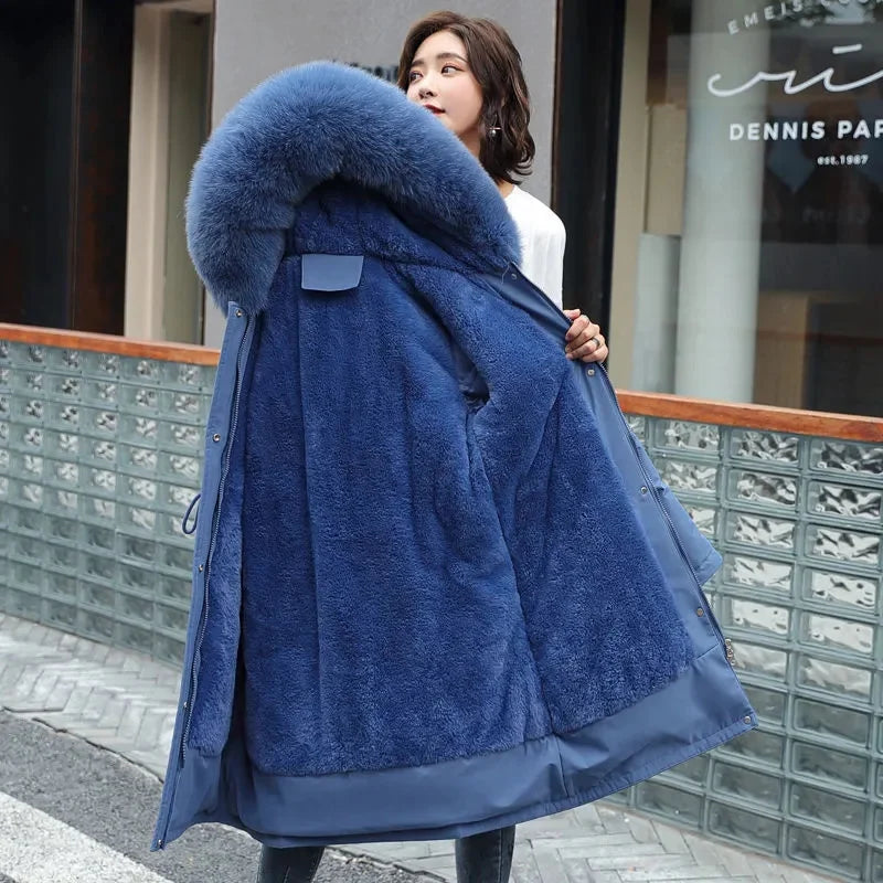 Veste d'hiver 2025 nouvelles femmes Parka vêtements manteau Long doublure en laine veste à capuche col de fourrure épais chaud vêtements de neige rembourré Parka 6XL