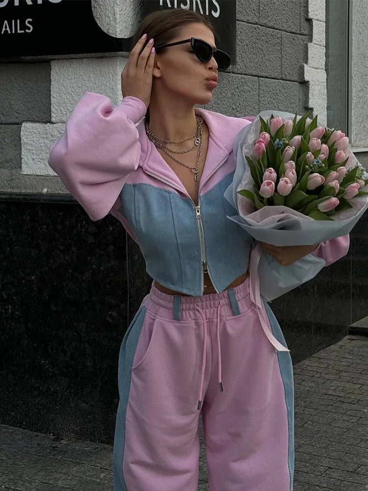 Ensemble 2 pièces en denim patchwork pour femmes, tenue décontractée, sweats à capuche minces, haut court, pantalon de survêtement à jambes larges, streetwear imbibé, survêtements à la mode
