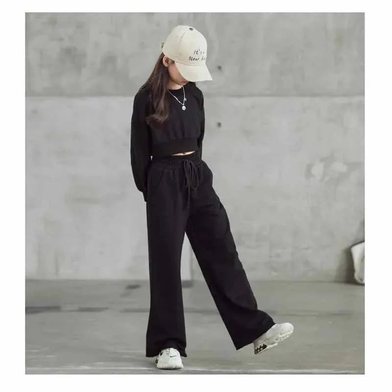 Girls' solid color outfit set, long-sleeved cropped sweater and pants, 2 pieces, new spring-autumn fashion, casual suit for children aged 4 to 12 years
