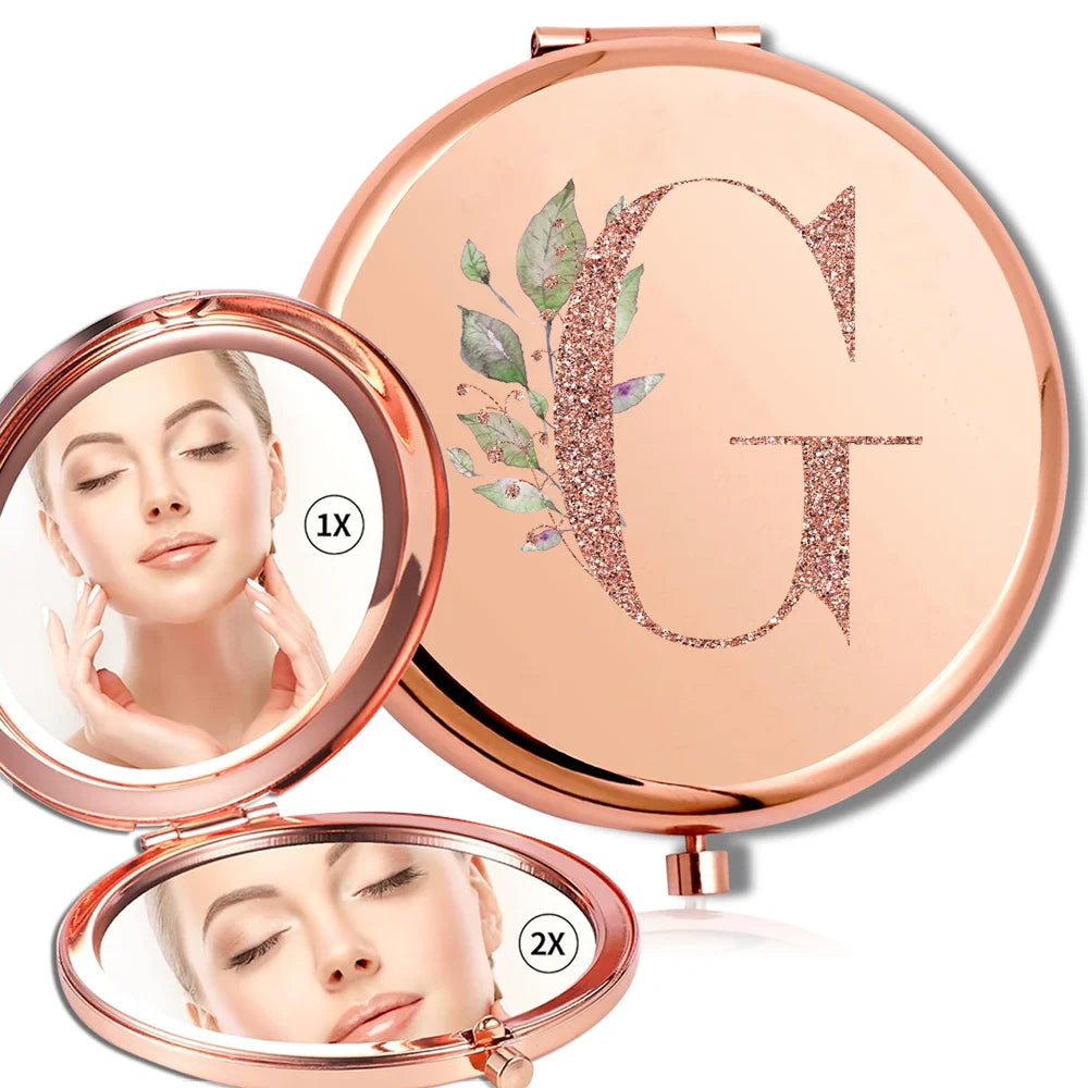 Miroir rond de maquillage grossissant Double face en métal, cosmétique, aspect Portable, verre, Compact, motif de lettres en or Rose