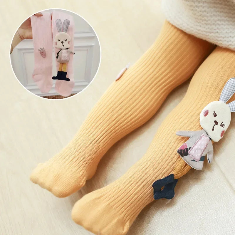 Knitted tights for girls, solid color children's tights, cartoon rabbit design, soft cotton, children's tights, autumn/winter, sizes 1-7T, pants, new