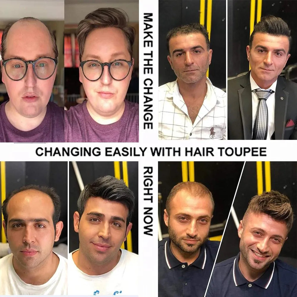 100% cheveux humains hommes toupet naissance des cheveux naturelle pleine peau Pu Base Durable mince 0.1mm hommes perruques unité de remplacement prothèse capillaire