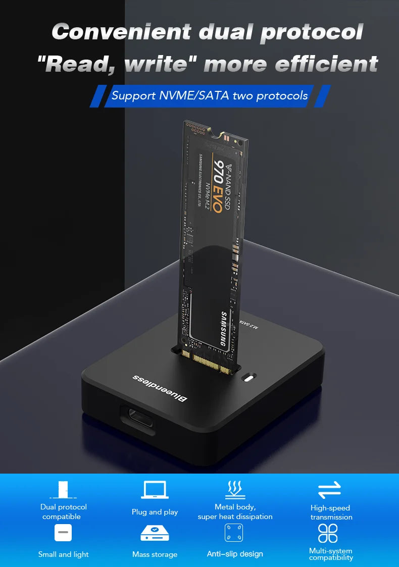 10Gbps M.2 NVMe/SATA SSD Enclosure, External Read and Write Docking Station for PC, 4TB Dual Protocol Solid State Adapter