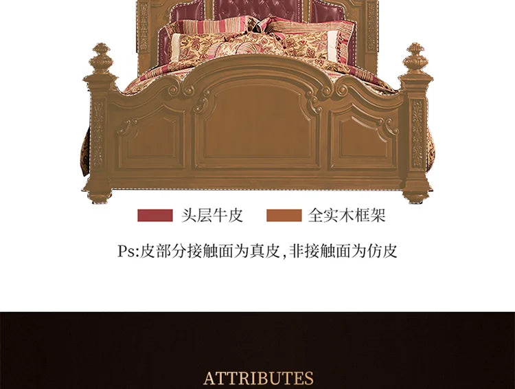 Lit double en cuir américain, lit de princesse rétro, tout en bois massif, européen