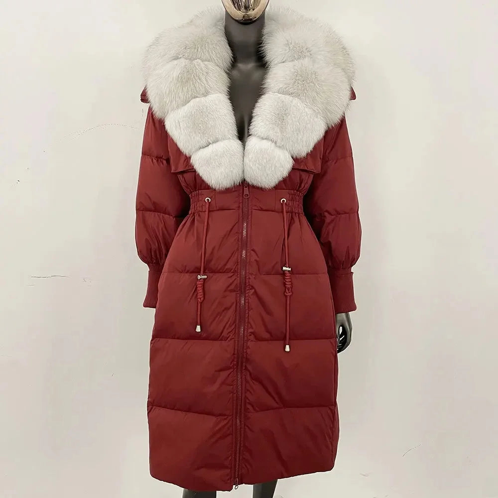 Doudoune longue avec col en fourrure pour femme, pardessus en fourrure de renard, longueur aux genoux, à la mode, chaude, cintrée à la taille, vêtements d'extérieur amincissants