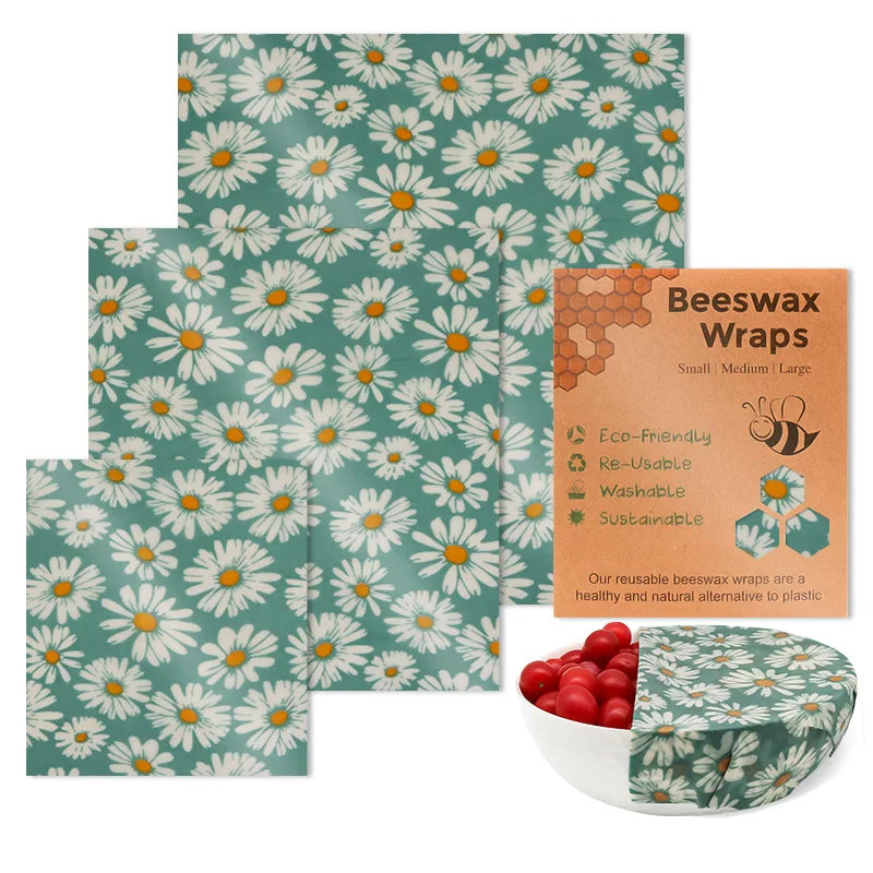 Beeswax Food Wrap 3-Piece Set, Reusable Eco-Friendly Organic Cotton Wax Fabric, Household Plastic Wrap Replacement, Washable Lemon Pattern