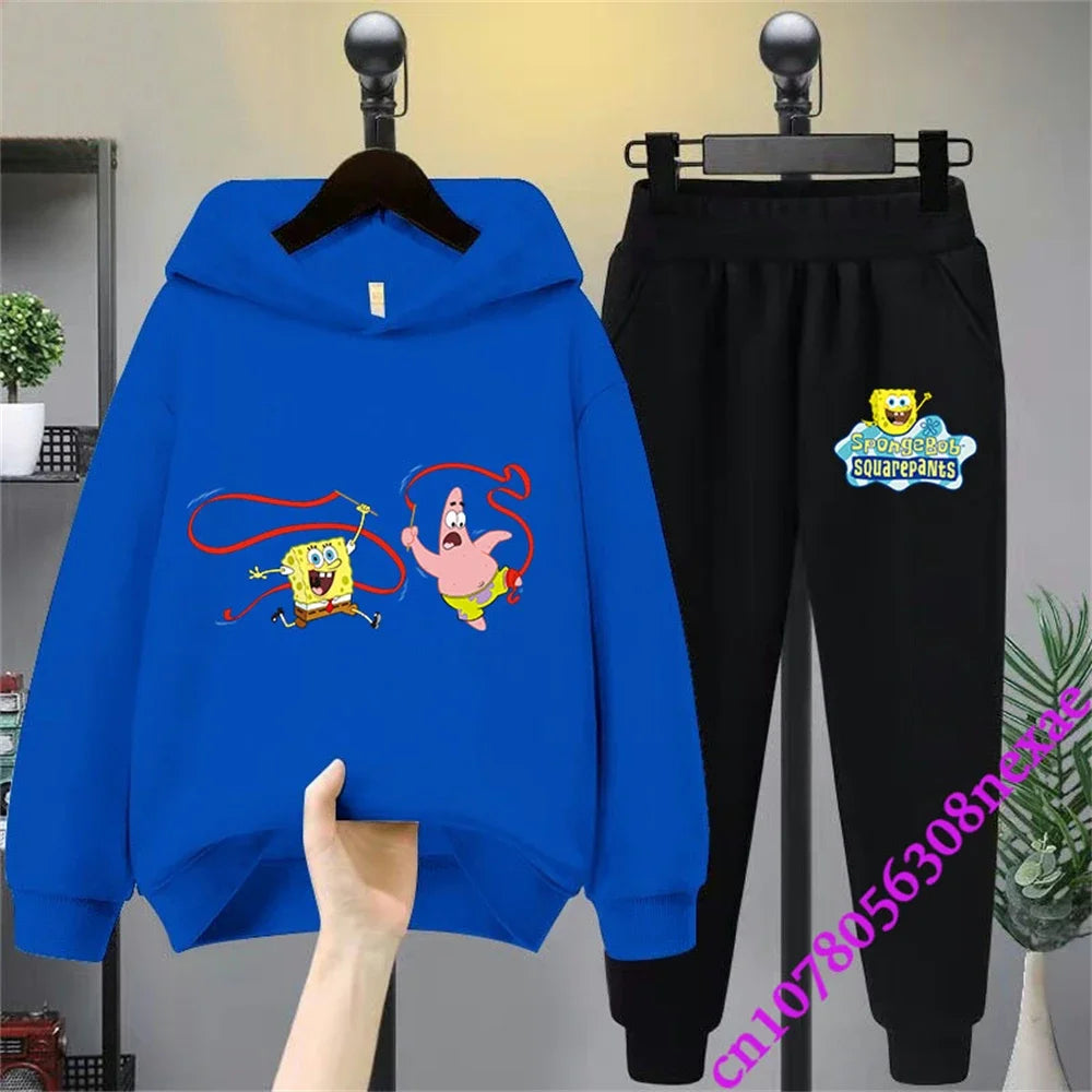 Spongebob-Pull imprimé dessin animé pour enfants, vêtements pour garçons et filles, imbibé, printemps et automne, Sportif, fjedly, 2 pièces