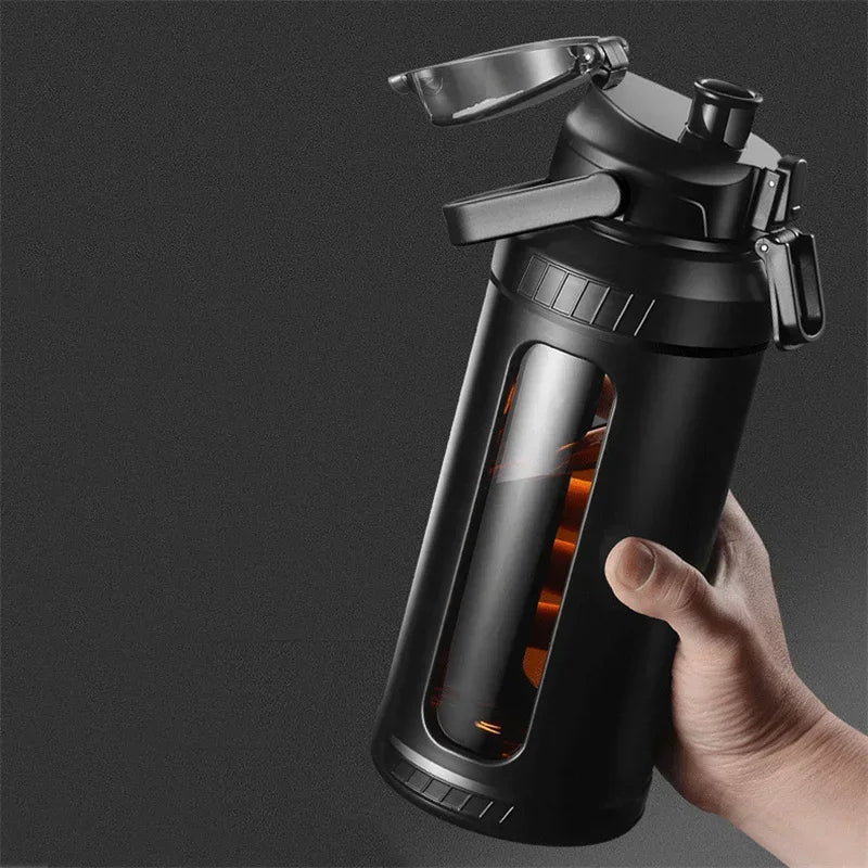 Large capacity 2L glass water bottle with removable straw, high borosilicate glass water bottle with carrying handle for gym