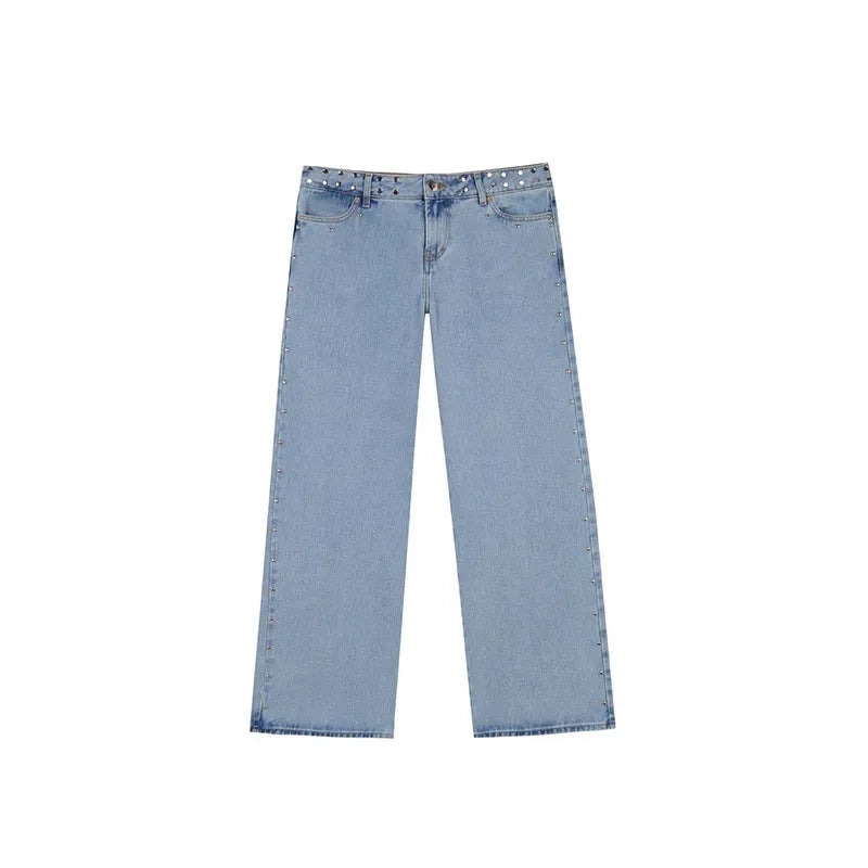Y2K Vintage jean Flash argent étoile motif métal Rivet jean femme Baggy décontracté jambe droite Denim pantalon Simple femmes vêtements