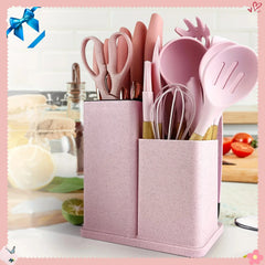 Ensemble d'ustensiles de cuisine antiadhésifs en Silicone, 19 pièces, avec couteaux, outils résistants à la chaleur dans un rangement en bambou, parfait pour la cuisine