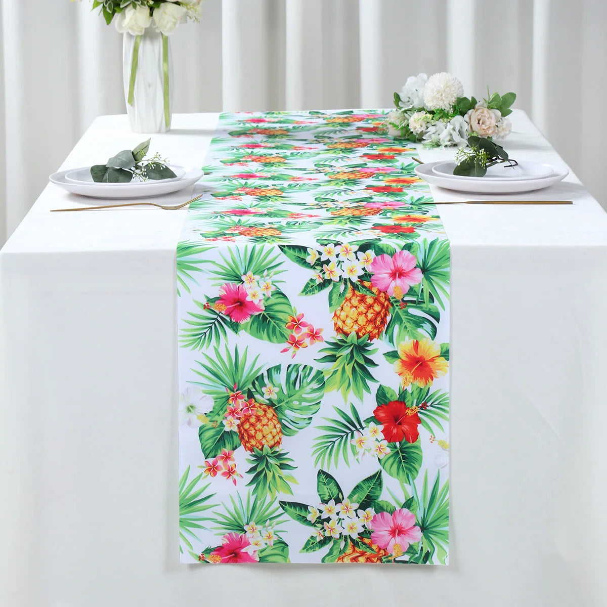 Summer Hawaiian Flower Table Runner, Flamingo Birthday Party Decor for Kids, Aloha Hawaii Tropical Party Supplies, Dining Table Decor