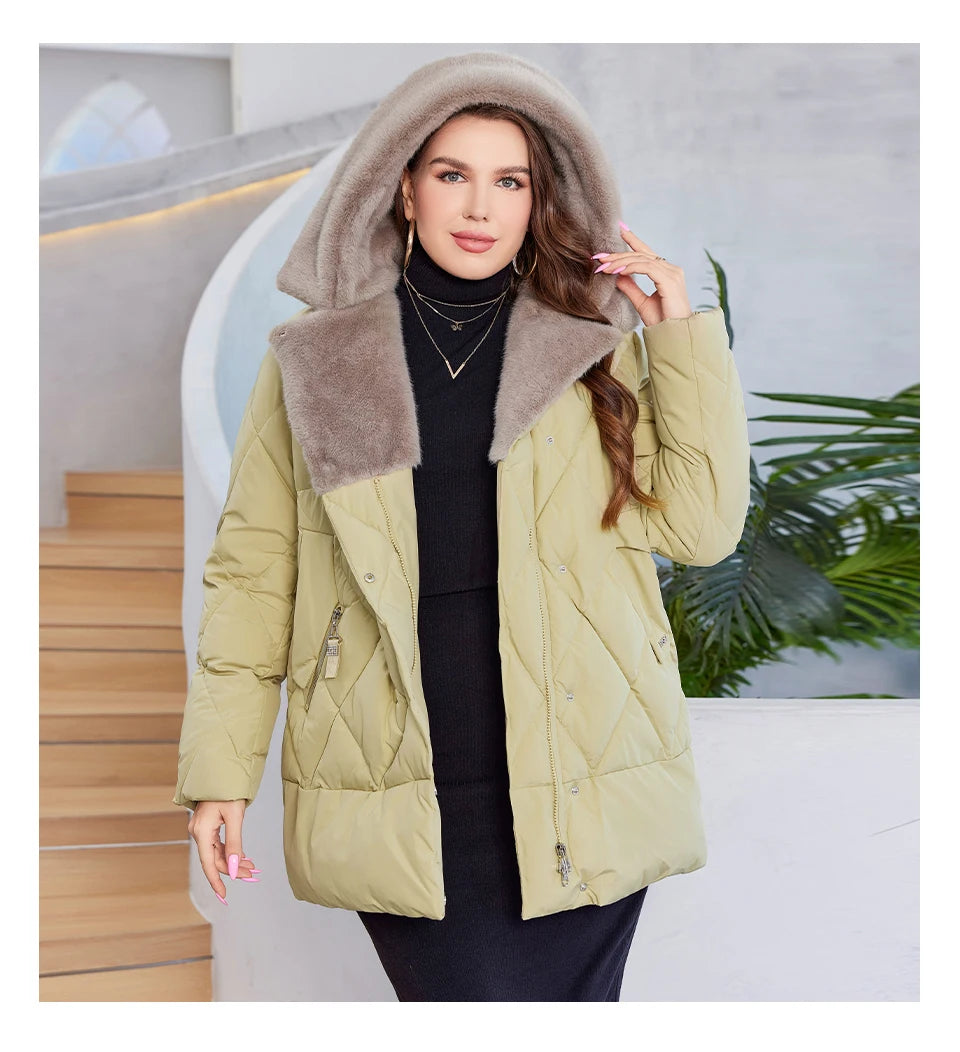 HaiLuoZi-Veste Courte à Capuche avec Fourrure pour Femme, Vêtement d'Hiver de Grande Taille, Design de Matelassage Indépendant, Grandes Poches, Combiné 2023, Nouvelle Collection 1163