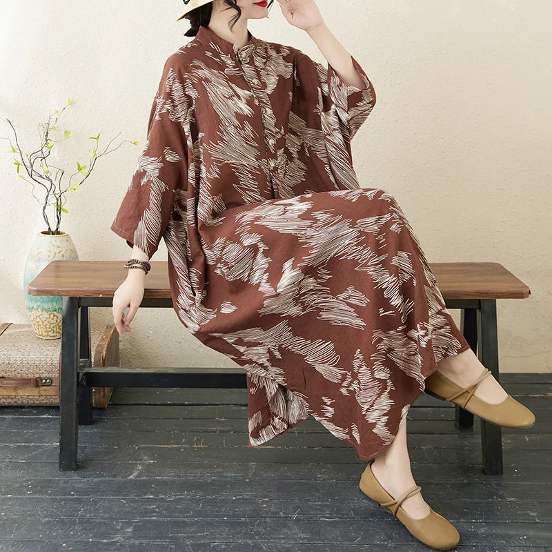Summer commute. Cotton linen print loose long dress with high neck A-line skirt. Seven long dresses available in plus sizes.