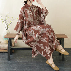 Summer commute. Cotton linen print loose long dress with high neck A-line skirt. Seven long dresses available in plus sizes.