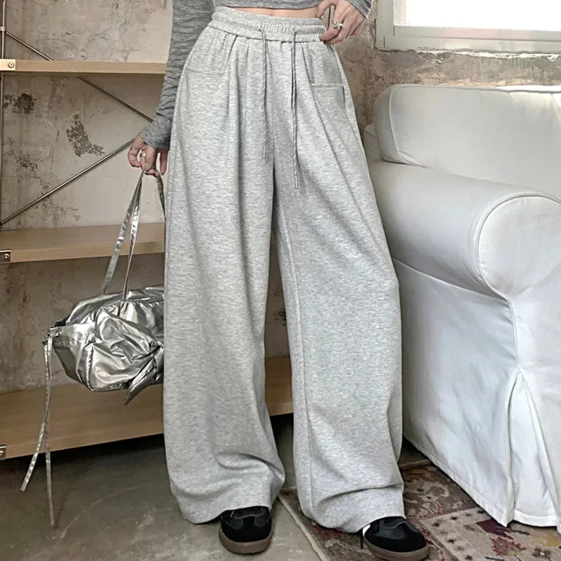 Women's High-Waisted Wide-Leg Pants, Chic, Grey, Navy Blue, Korean Style, Versatile, Drawstring, Wide Legs, Baggy, Autumn