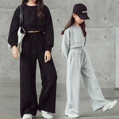 Girls' solid color outfit set, long-sleeved cropped sweater and pants, 2 pieces, new spring-autumn fashion, casual suit for children aged 4 to 12 years