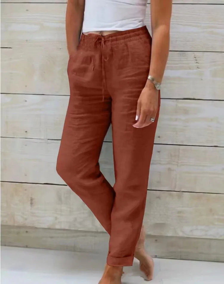 Pantalon en coton et lin pour femmes, taille haute, élastique, décontracté, à la mode, respirant, ample, nouvelle collection 2025