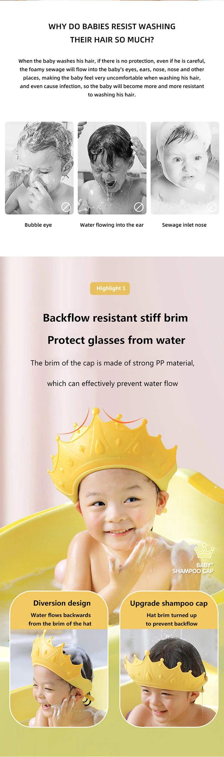 Baby shower cap, shampoo, eye protection, water cover, baby care, hair washing, adjustable shower cap for children 0-6 years old
