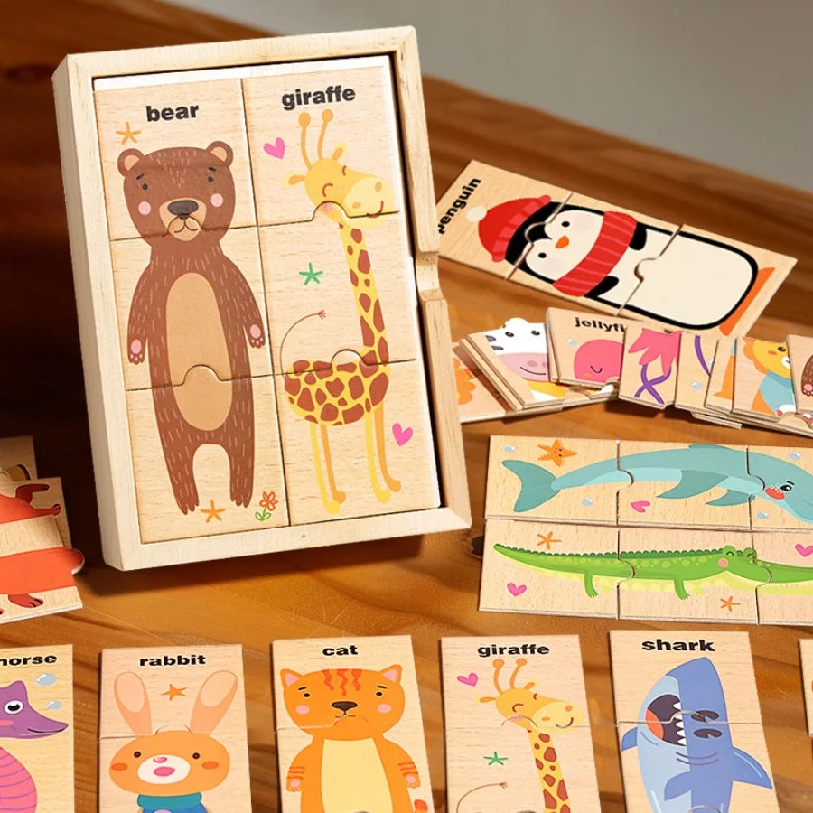 Puzzle assorti en forme d'animal de dessin animé pour enfants, planche de puzzle de cognition de mots anglais pour l'éducation précoce des bébés, jouet en bois