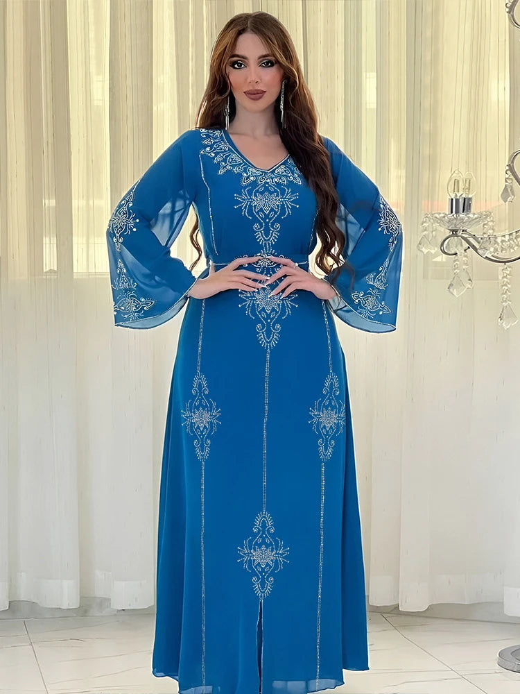 Eid Jalabiya - Women's Muslim Evening Dress, Diamond Lace-Up Arabic Abayas, Long Dresses, Elegant Dress, Educational Dress for Ramadan
