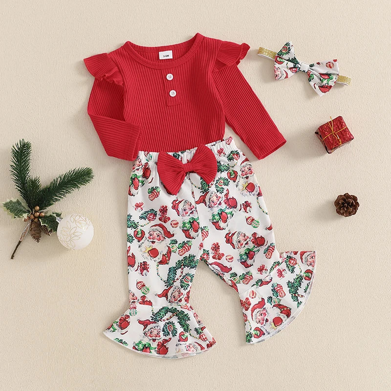 Ensemble pantalon de noël pour bébés filles, barboteuse côtelée à manches longues, imprimé père noël oiseau, pantalon évasé, bandeau