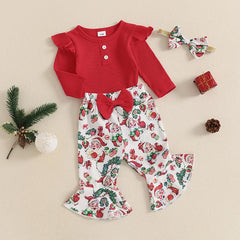 Ensemble pantalon de noël pour bébés filles, barboteuse côtelée à manches longues, imprimé père noël oiseau, pantalon évasé, bandeau