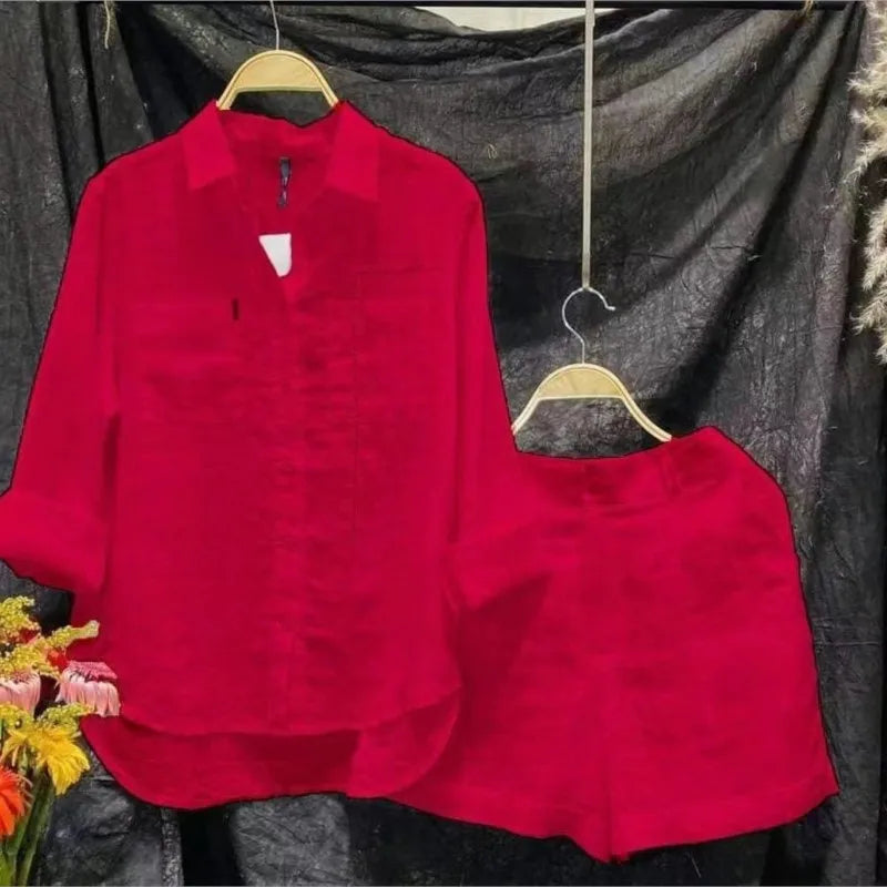 Ensemble d'été 2 pièces en coton et lin pour femmes, chemise et short blancs à manches longues, à la mode, pour la maison, survêtement, 2024