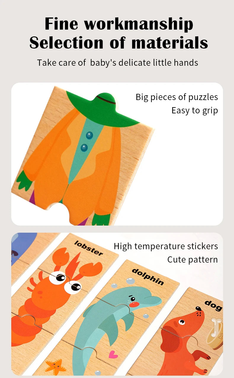 Puzzle assorti en forme d'animal de dessin animé pour enfants, planche de puzzle de cognition de mots anglais pour l'éducation précoce des bébés, jouet en bois