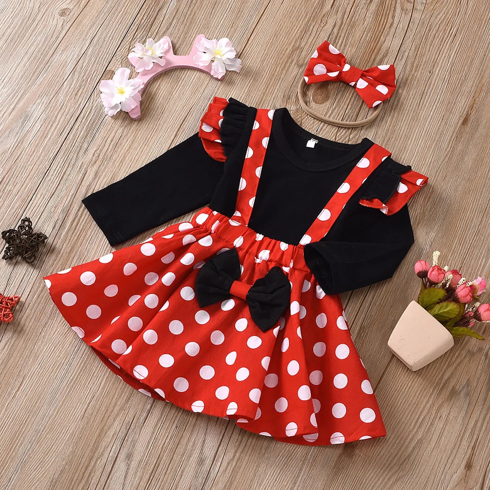 Tenue d'été pour enfants de 1 à 5 ans, ensemble de vêtements pour bébés filles, Costume d'anniversaire pour enfants, hauts à pois, jupe, robe Cosplay Minnie avec bandeau