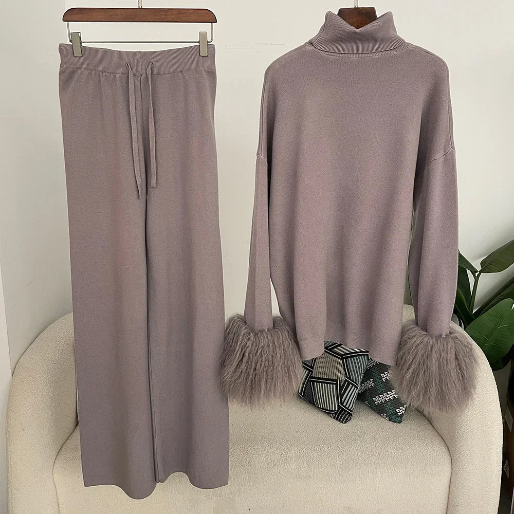 Ensemble pull et pantalon tricotés en laine et mélange pour femme, avec poignets en vraie fourrure de mouton mongole, costume tricoté de haute qualité 2025