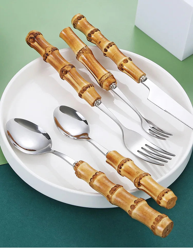 Ensemble de Vaisselle en Bambou et Acier Inoxydable avec Poignée Naturelle, Couverts Rétro, Steak, Opaque, Fourchette, Cuillère, Cadeau de Dessert, 20/30 Pièces
