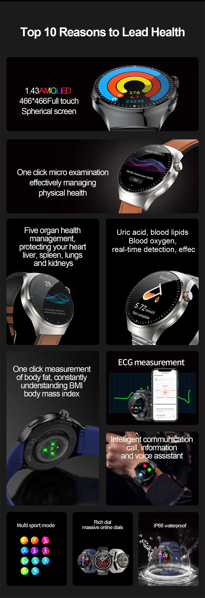 Nouvelle surveillance de la santé montre intelligente examen physique santé Wacth pression artérielle ECG + PPG Sport appel Smartwatch pour Android iOS