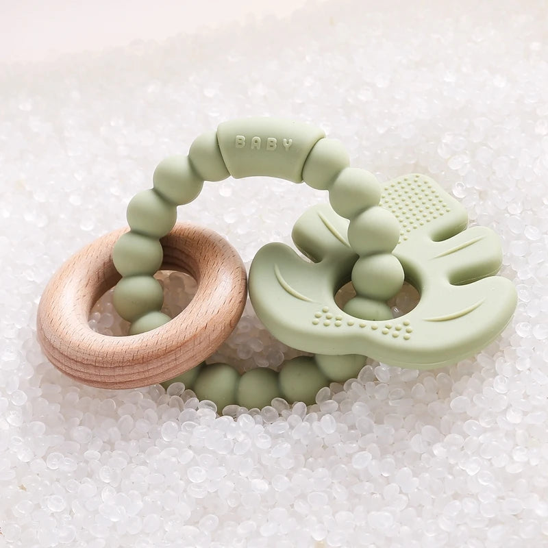 Anneau de dentition en Silicone pour bébé, 1 pièce, sans BPA, Bracelet en Silicone, feuille, jouets de dentition, anneau en bois, dent d'allaitement, jouets cadeaux pour nouveau-né