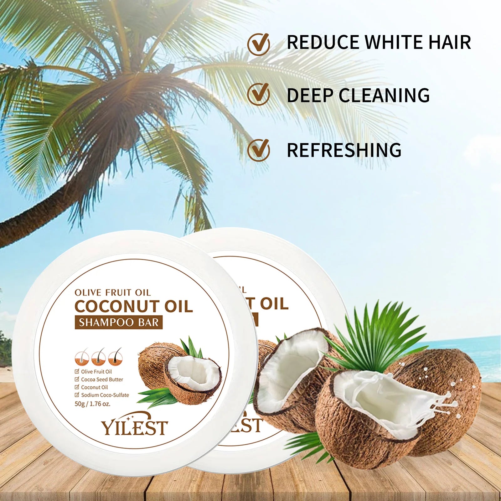 Shampoing à l'huile de noix de coco naturelle biologique, savon solide fait à la main, nourrit les cheveux, Anti-frisottis, assombrissant, renforcement des cheveux, soins capillaires