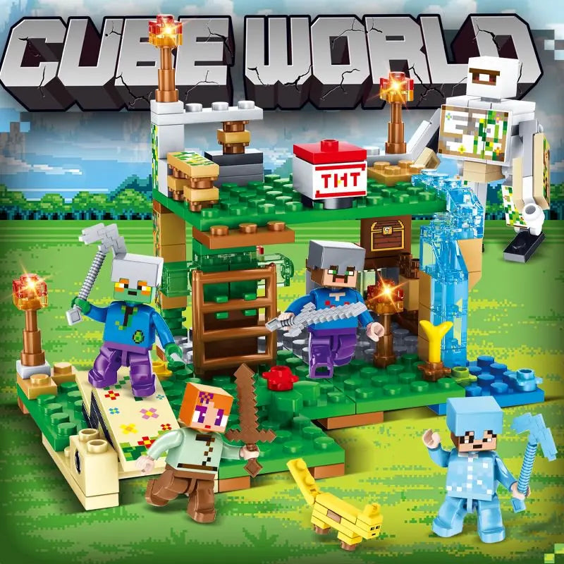 Blocs de construction de puzzle pour enfants, toboggans de village, grottes, mines, villes de chevaux, chats, léopards, jungles, jouet éducatif pour