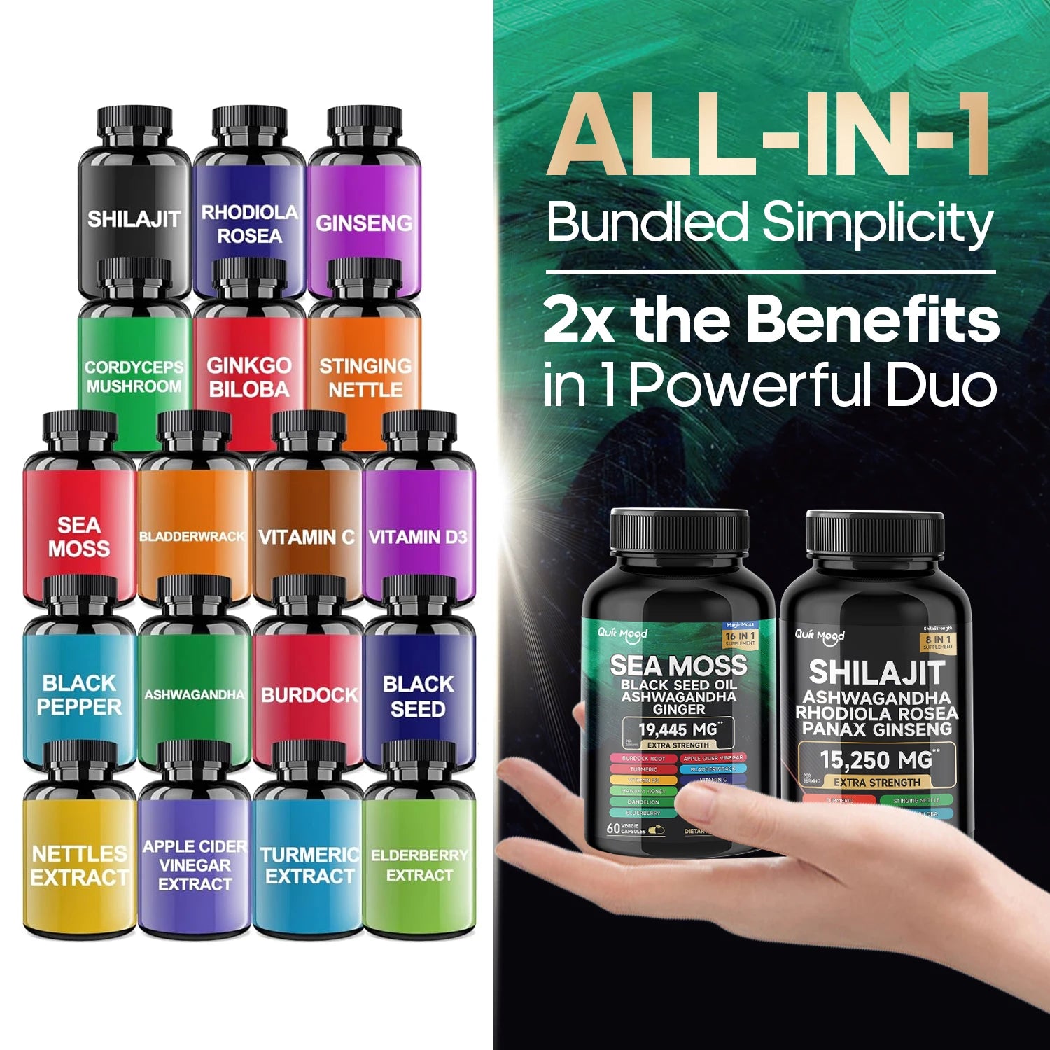 Mousse de mer et shilajit Bundle 120 gélules, avec seamos, huile de pépins noirs, Ashwagandha, gingembre, racine de bardane, curcuma, Pepp noir