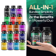 Mousse de mer et shilajit Bundle 120 gélules, avec seamos, huile de pépins noirs, Ashwagandha, gingembre, racine de bardane, curcuma, Pepp noir