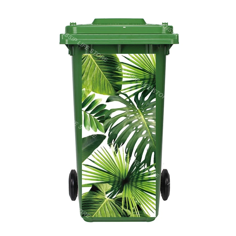 Autocollant imperméable en PVC pour poubelle d'extérieur, plantes tropicales, art mural, autocollants pour poubelle, pingouin et cuir chevelu