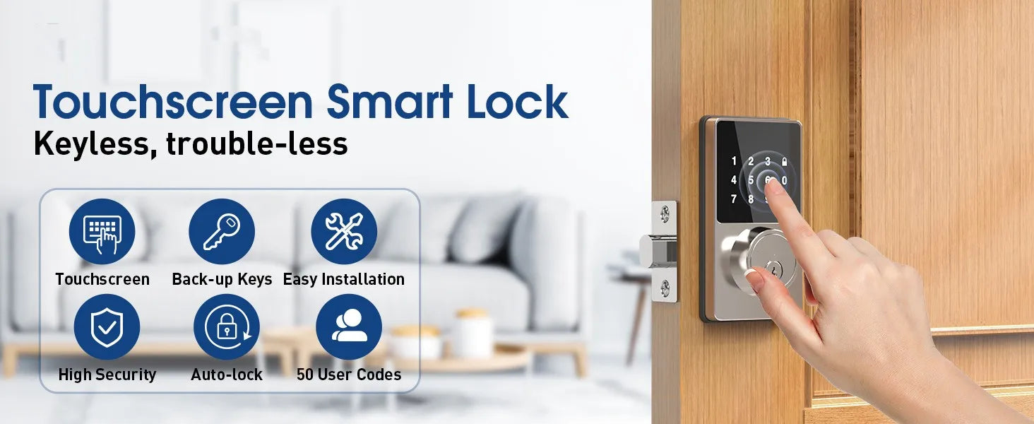 Serrure intelligente avec mot de passe, serrure de porte d'entrée sans clé avec claviers à écran tactile, facile à installer, déverrouillage par application, 50 codes utilisateur
