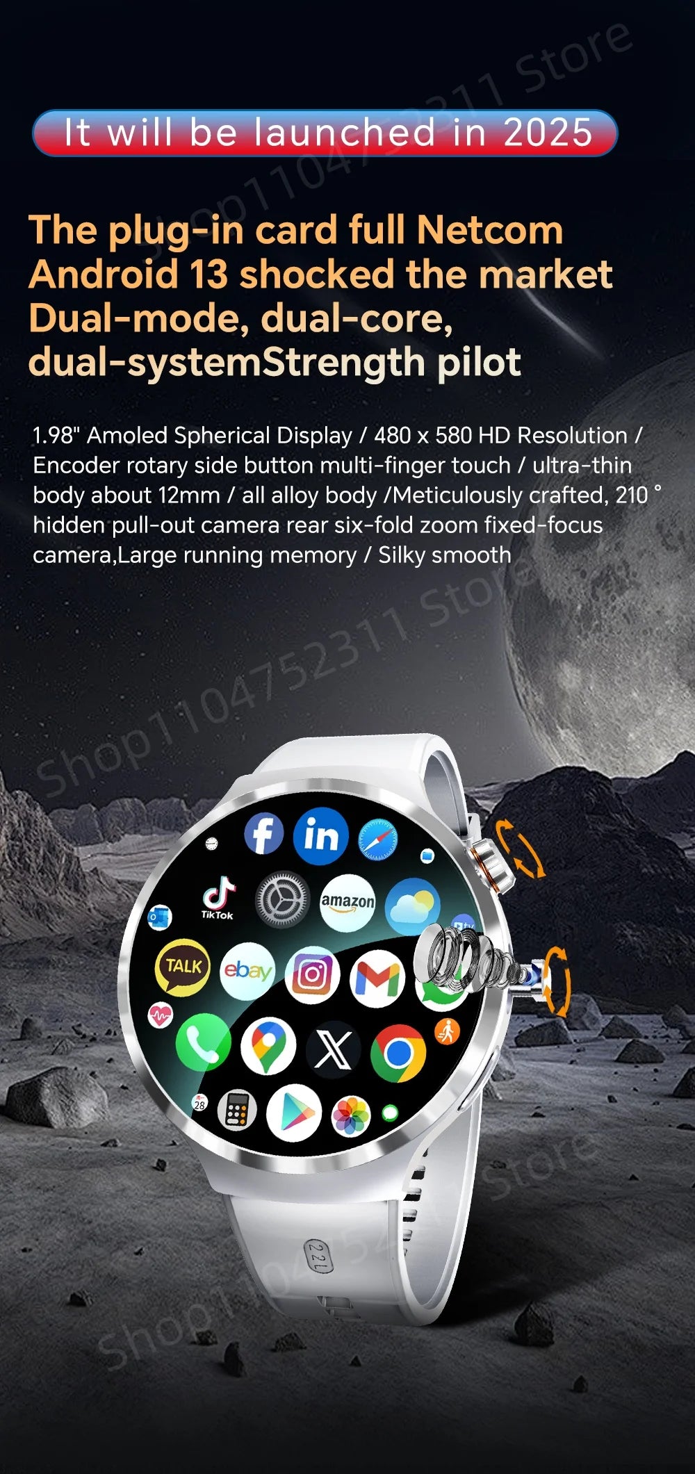 Smartwatch avec grand écran Amoled 1,98 pouces 210 °   Caméra rotative GPS Position surveillance de la santé Android 13.0 montre intelligente hommes