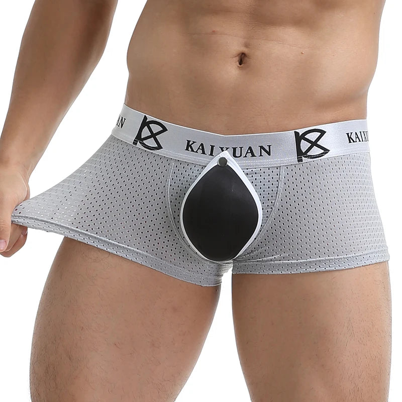 Men's underwear boxer shorts with removable front, jockstraps, and padded briefs.