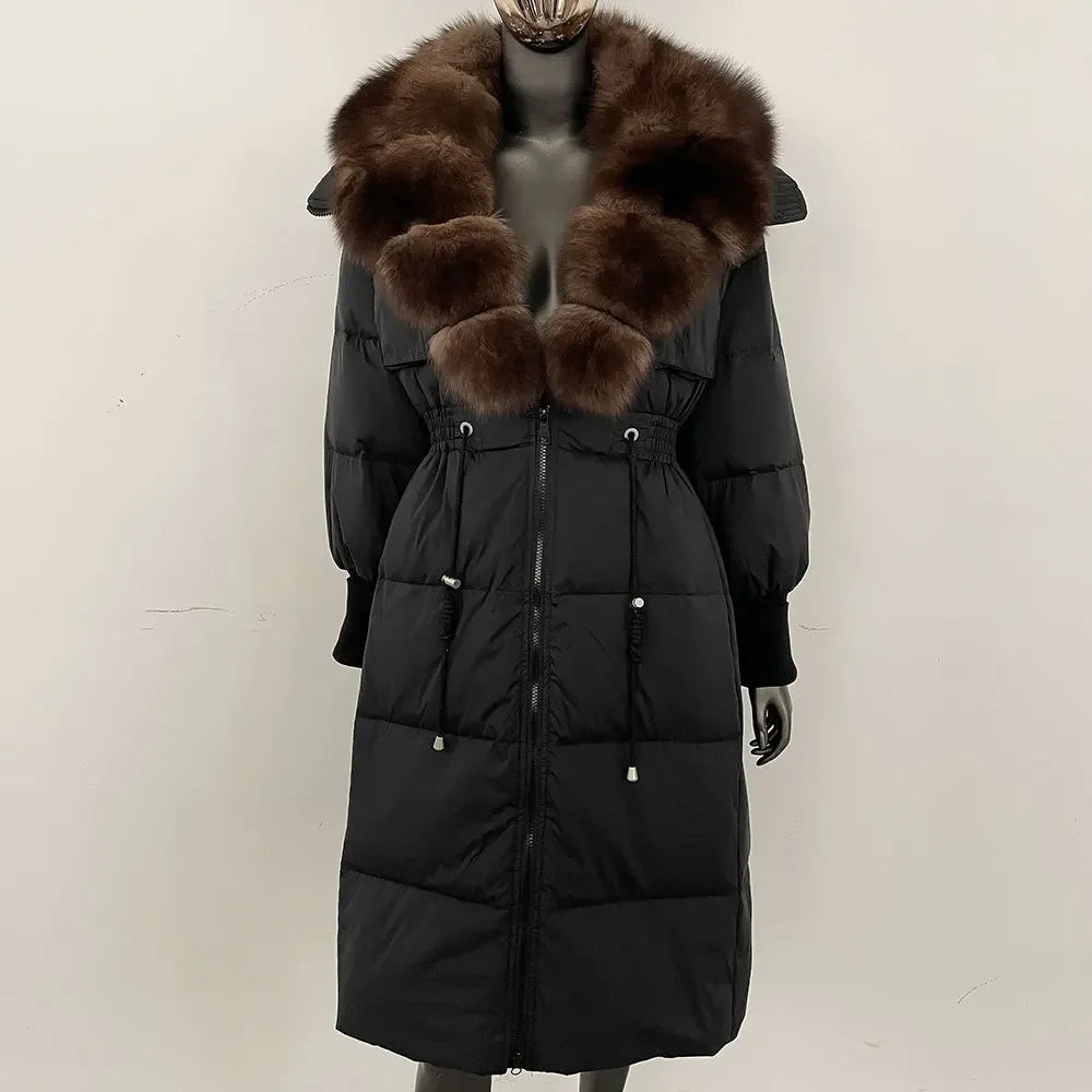 Doudoune longue avec col en fourrure pour femme, pardessus en fourrure de renard, longueur aux genoux, à la mode, chaude, cintrée à la taille, vêtements d'extérieur amincissants