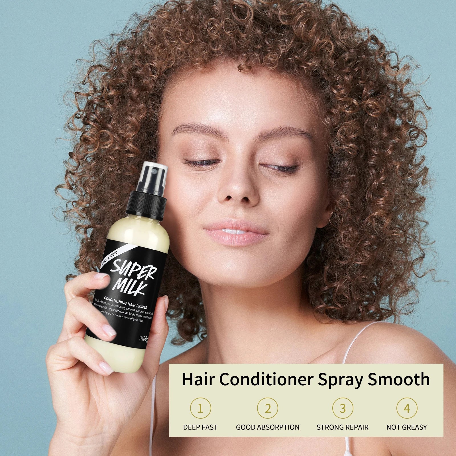 Spray d'apprêt capillaire revitalisant 100g – Contrôle des frisottis, lait d'avoine de noix de coco et d'amande, sans lavage, sans rinçage, lisse et brillant