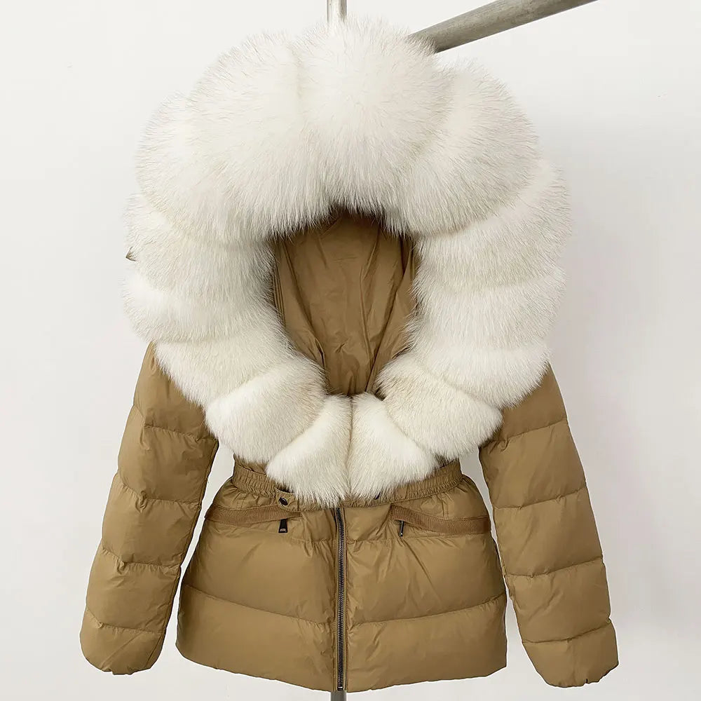 OFTBUY 2024 veste d'hiver femmes naturel réel raton laveur col de fourrure de renard à capuche blanc canard vers le bas manteau ceinture épais chaud vêtements d'extérieur décontractés