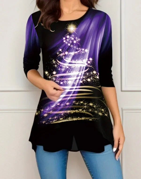 Arbre de noël femmes t-shirt mode col rond à manches longues hauts chemises impression 3D décontracté Harajuku femme grande taille vêtements